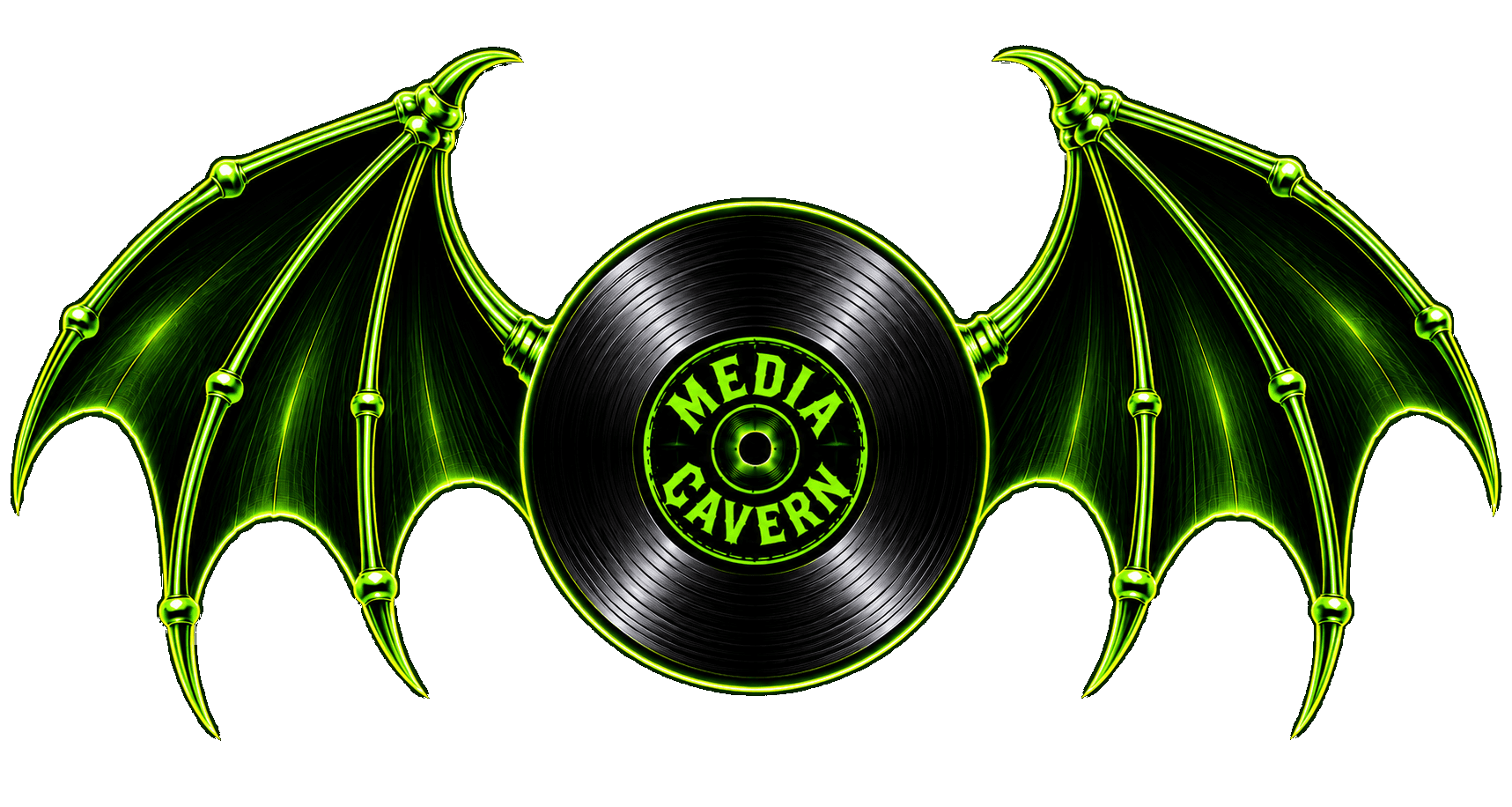 The Media Cavern mark: a black vinyl record labelled Media Cavern, flanked by green neon wings.