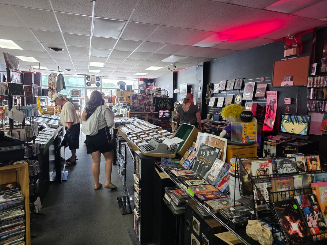 The Media Cavern shop floor mid-afternoon, customers browsing bins beneath a hand-lettered chalk sign.
